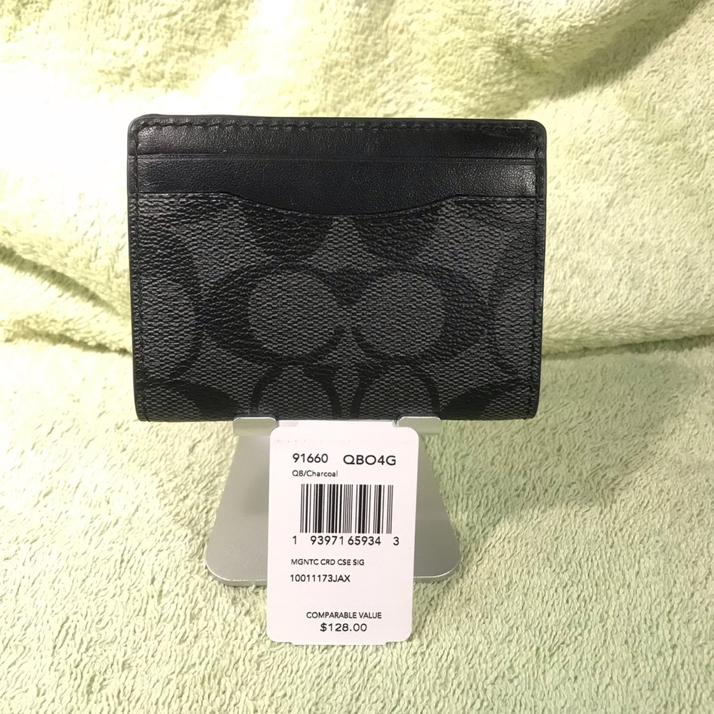 COACH Magnetic Card Case In Signature Canvas 91660 Charcoal